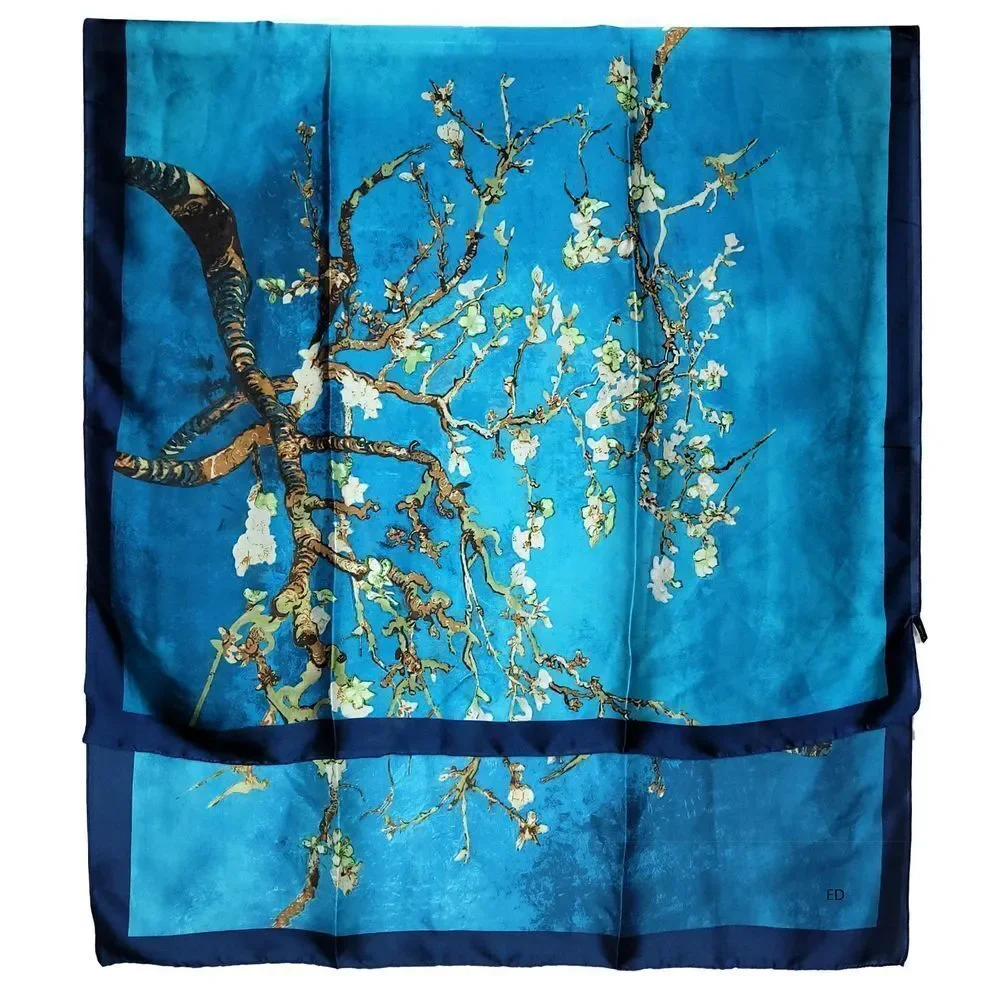 NWT Silk Scarf Van Gogh's Paint Turquoise 'Almond blossom' 35" x 70" LJD0235 - Picture 4 of 5